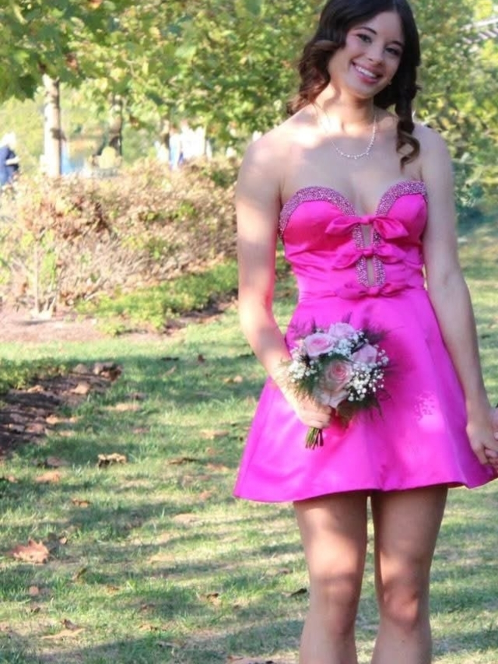 Sherri Hill Hot Pink Strapless Short Prom Dress with Bow and Embellished Trim